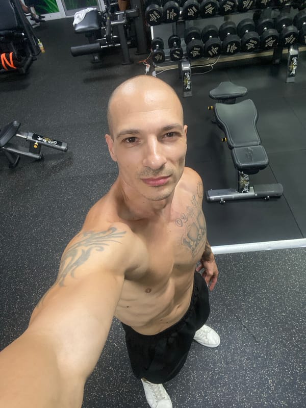 Gym selfies and street-level storefront in Pleven, Bulgaria