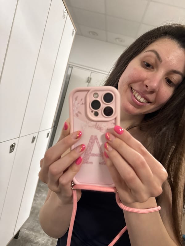 Fitness studio moments captured: aerial yoga and locker room selfies
