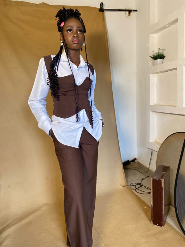 Studio photoshoot in Jos, Nigeria, brown-and-white ensemble