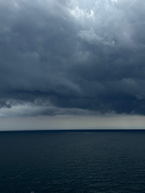 Storm clouds and maritime cranes captured off Italian coast