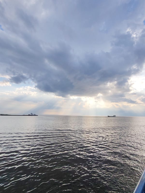 Cargo ship transits Russian waters under dramatic cloudy skies
