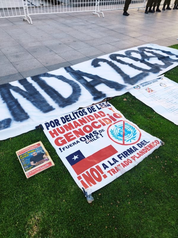 Small protest gathering outside government building in Santiago