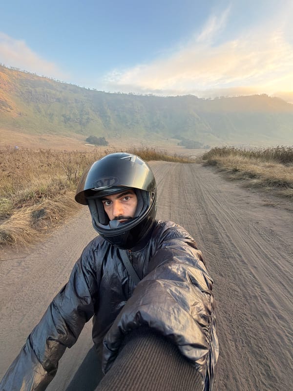 Pit stop selfie on a dusty rural road in Indonesia