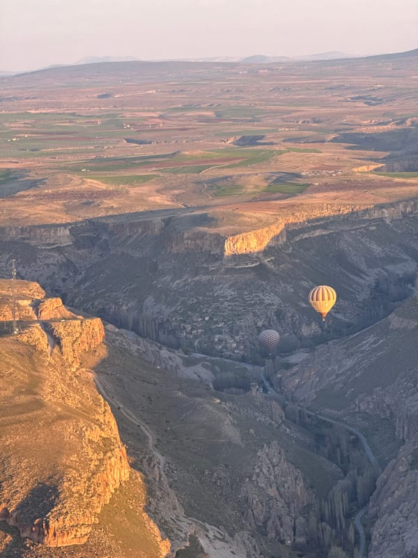 Hot air balloon sunrise flight over Yeşilhisar canyon documented