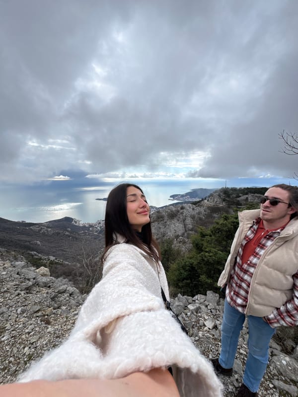 Couple explores historic Fort Kosmač ruins in Montenegro