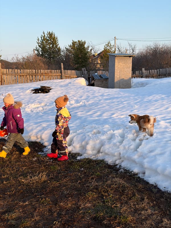 Woman and children with dog enjoy winter day in Chaikovsky