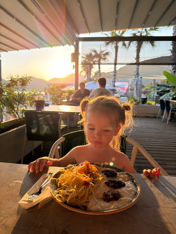 Spaghetti dinner at sunset, outdoor restaurant in Fethiye