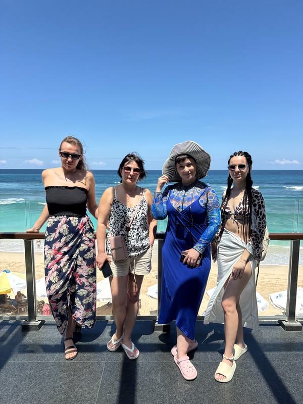 Four women pose for beach photo in Kuta Selatan