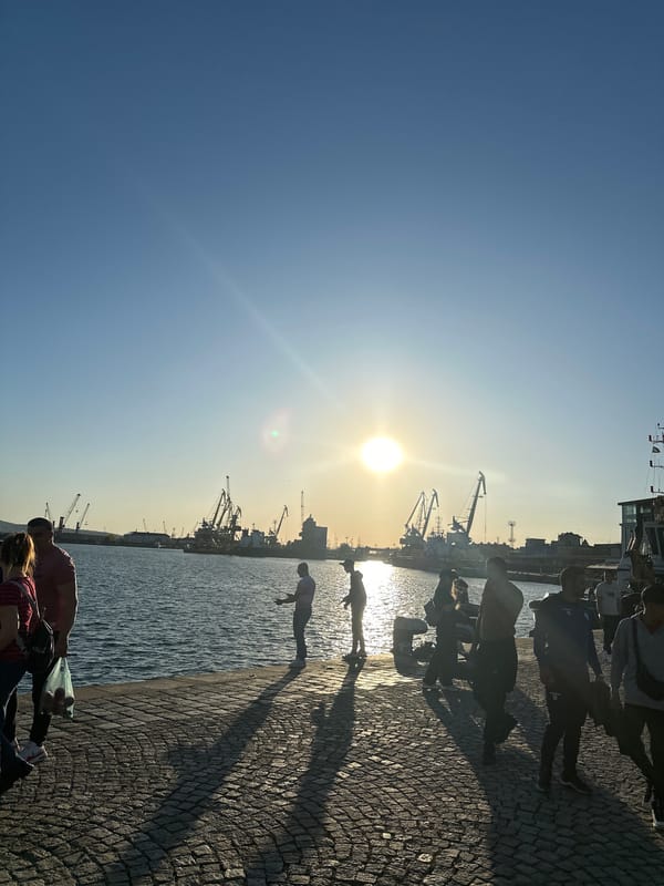 Harbor scenes captured during golden hour at waterfront port