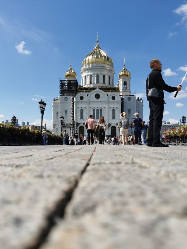 Moscow riverfront: Kremlin, cathedral, and blooming petunias
