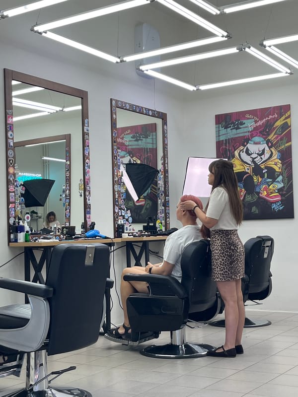 Morning barbershop visit and selfies in Chaikovsky, Russia