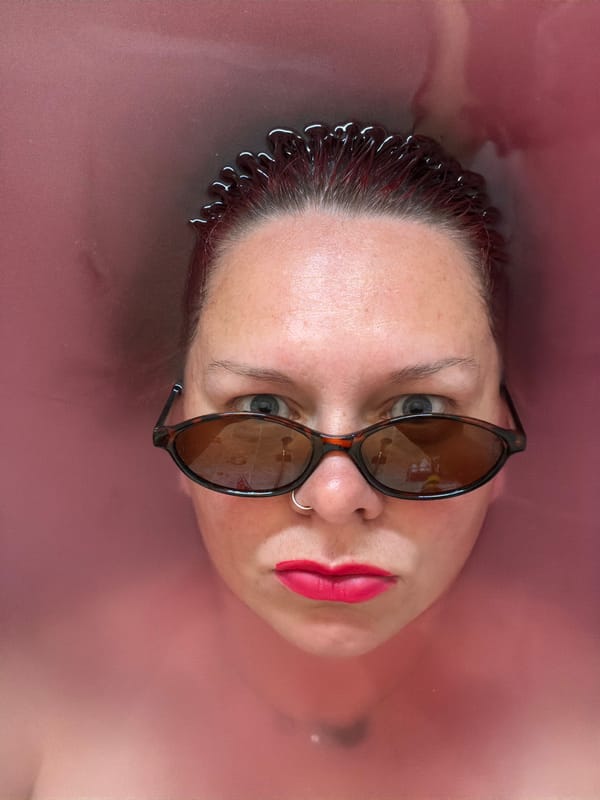 Woman observed bathing in pink water wearing sunglasses