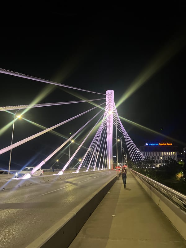 Millennium Bridge illuminated at night in Podgorica, Montenegro