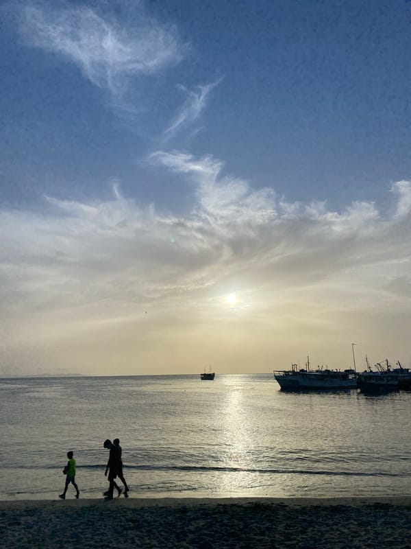 Juan Griego's harbor and beach at golden hour