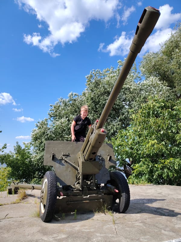 Artillery piece on outdoor display near a Ukrainian lakeside