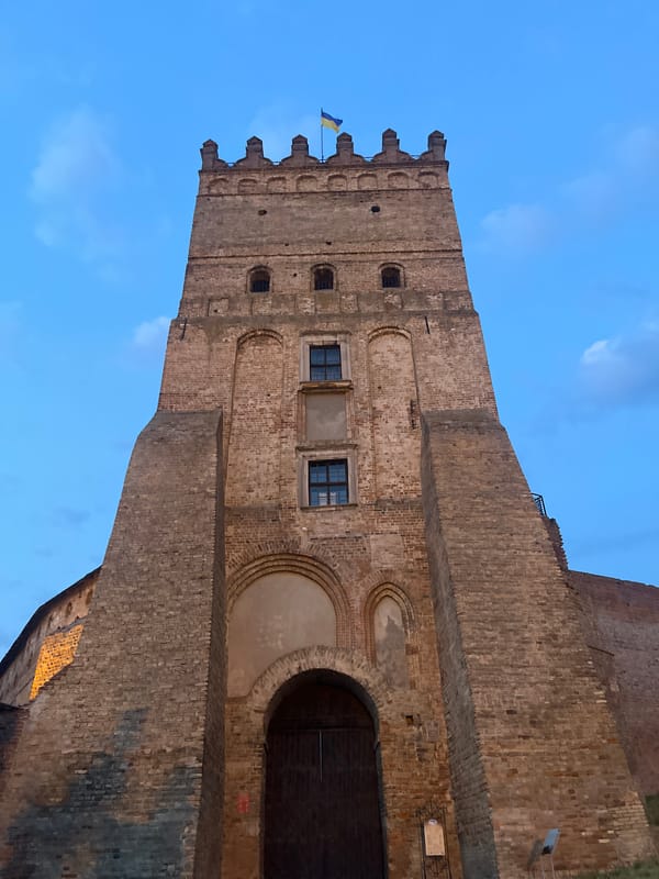 Lubart's Castle in Lutsk, Ukrainian flag flying from tower