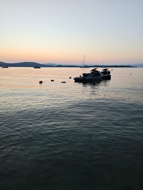 Quiet evening on the Sithonian coast, boats at anchor