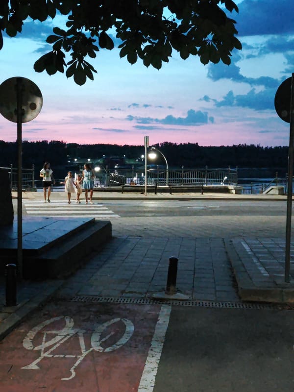Dusk along a river: a docked cruise ship and blooming waterfront