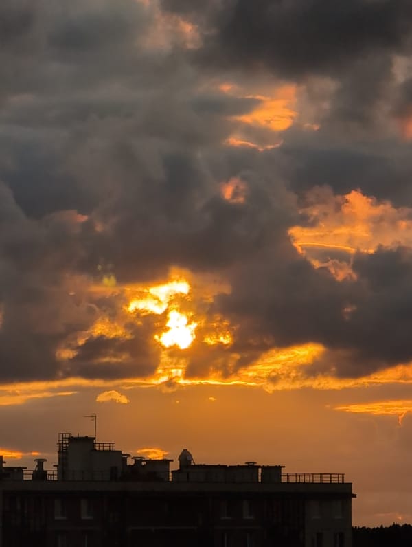 Dramatic summer sunset over Saint Petersburg, clouds and fire