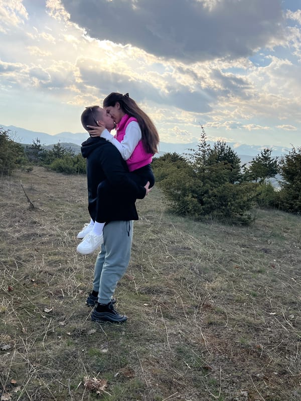 Couple shares romantic moment on Bulgarian village path