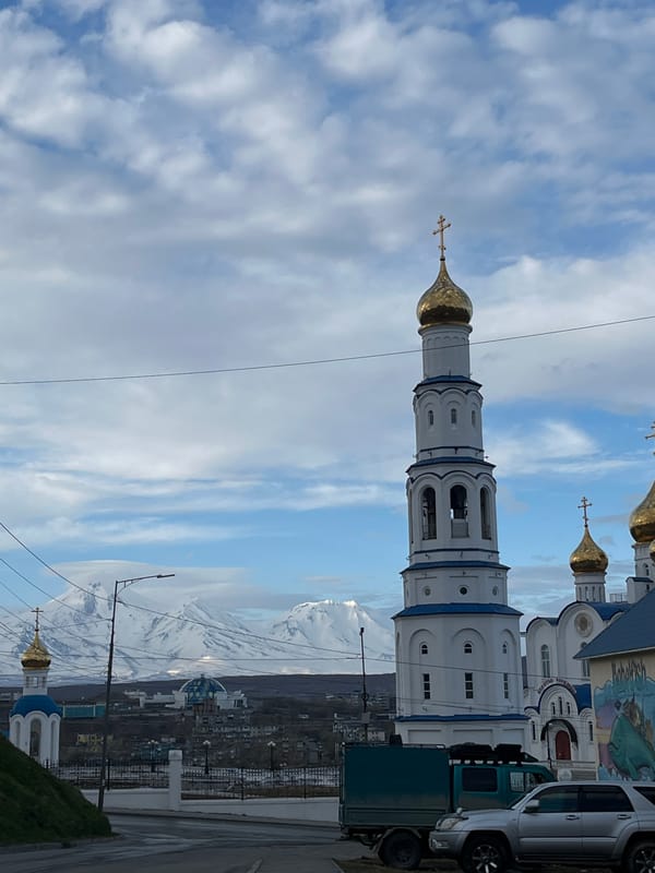 Morning street life documented around Orthodox cathedral in Kamchatka