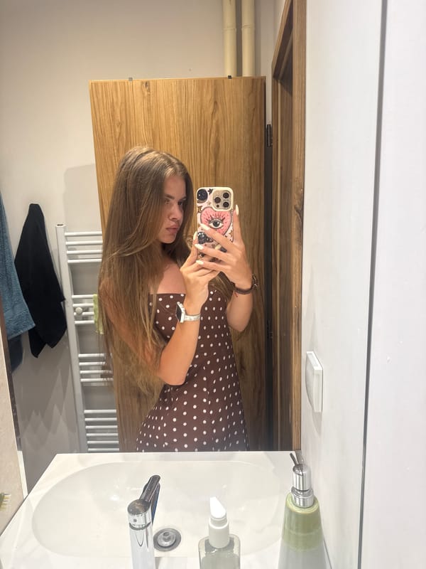 Getting-ready selfies in Plovdiv, brown polka-dot dress