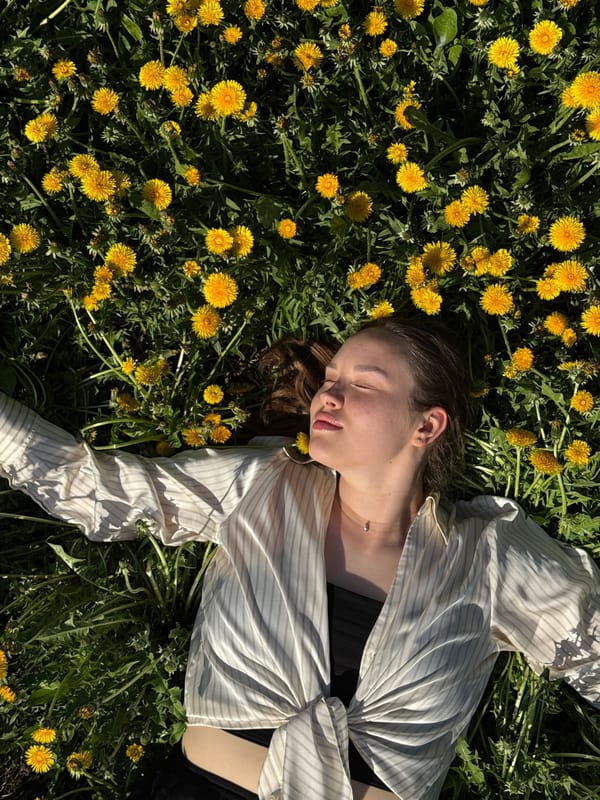 Woman rests in dandelion field, meal documented in Chaikovsky