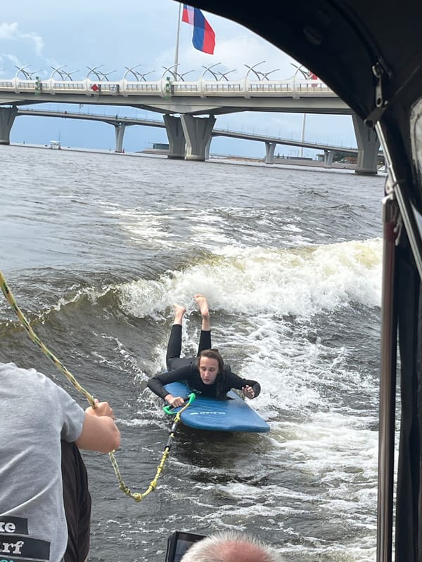 Boating and wakeboarding on the Neva River, Saint Petersburg