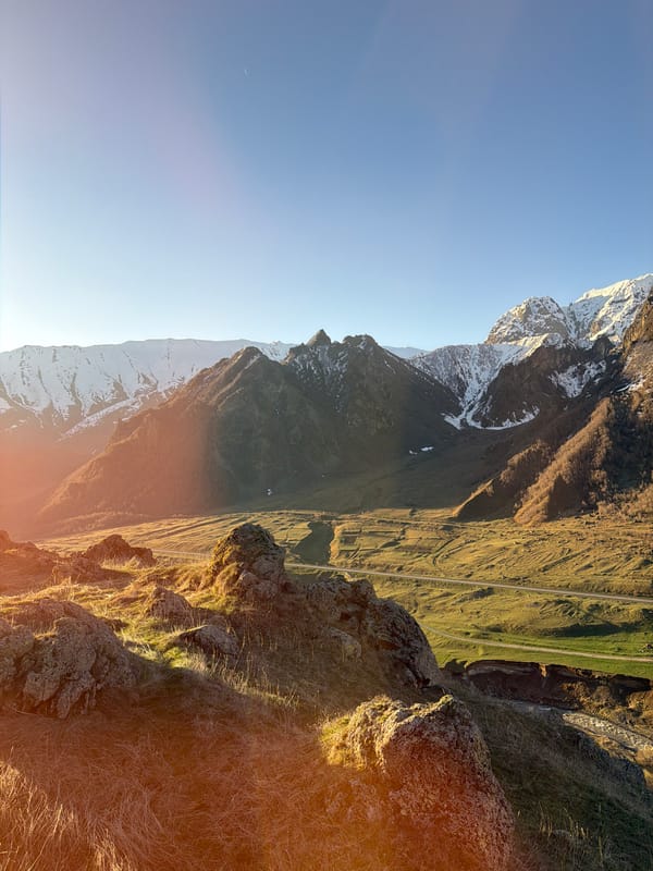 Mountain landscape with snow peaks documented near Pkhelshe, Georgia