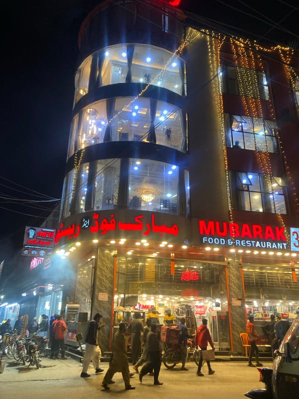 Restaurant displays bright decorative lighting in Quetta, Pakistan