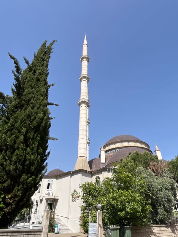 Mosque minaret photographed in clear skies over Alanya, Turkey