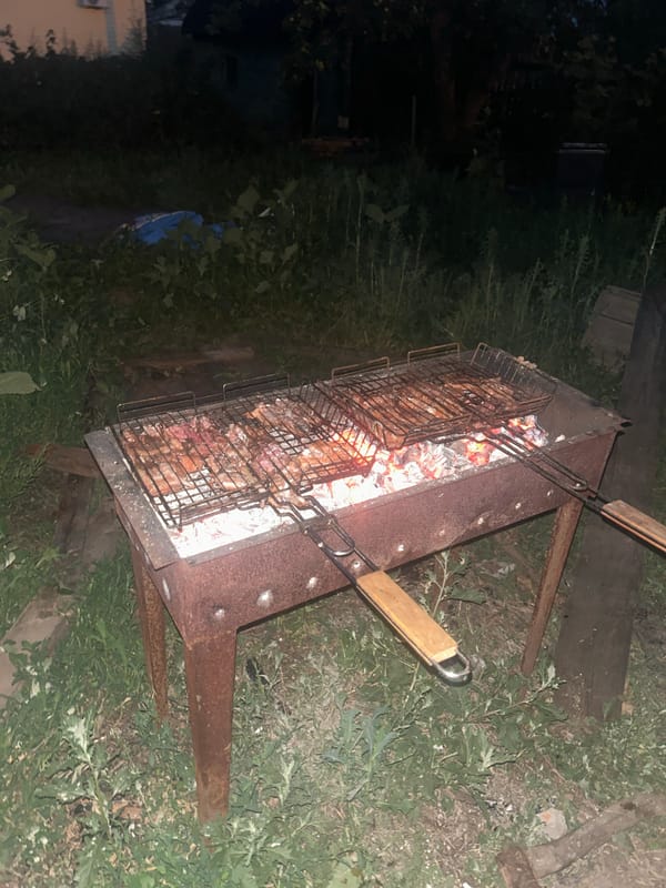 Backyard grill session at dusk in Engels, Russia