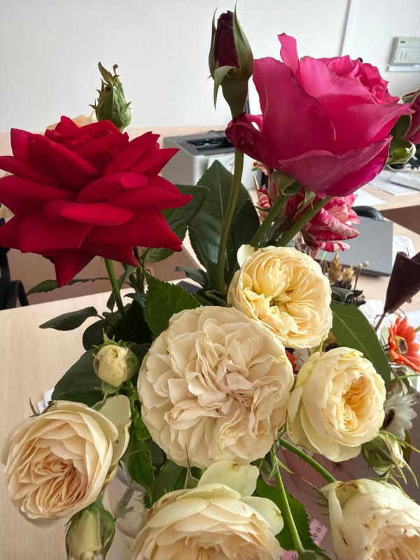 Mixed rose bouquet on an office desk