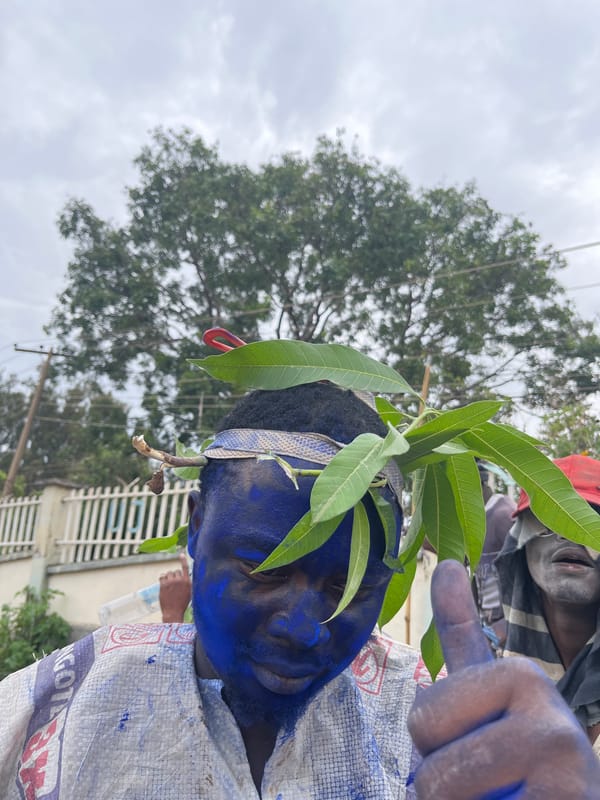 Blue body paint and costumes at a Jos street procession