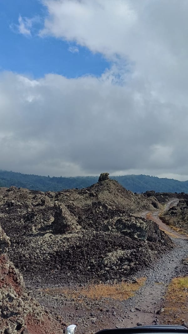Tourist documents volcanic landscape tour in Kintamani, Indonesia