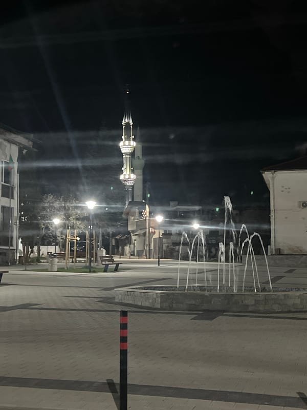 Illuminated mosque and fountain captured at night in Kornitsa