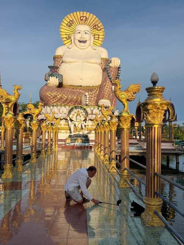 Morning at Wat Plai Laem's gilded temples, statues, and waterside wildlife