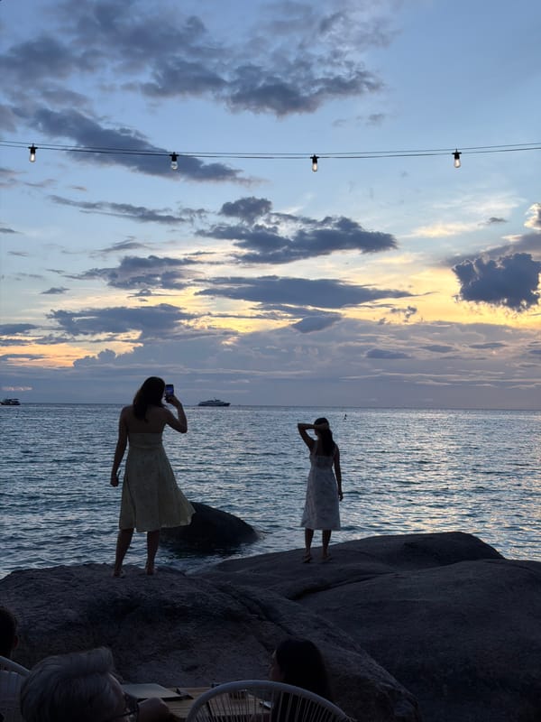 Golden hour on Ko Tao's shores, cafés and calm water