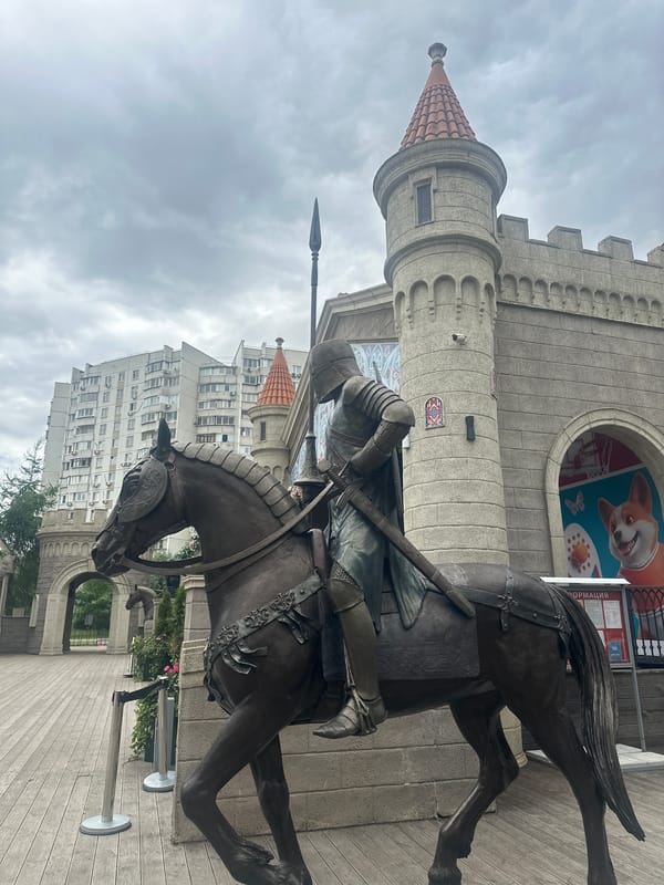 Bronze knight and castle-style building explored in Moscow