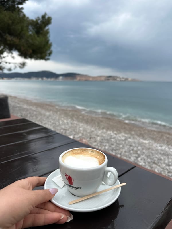 Coffee break with cruise ship views in Šušanj, Montenegro