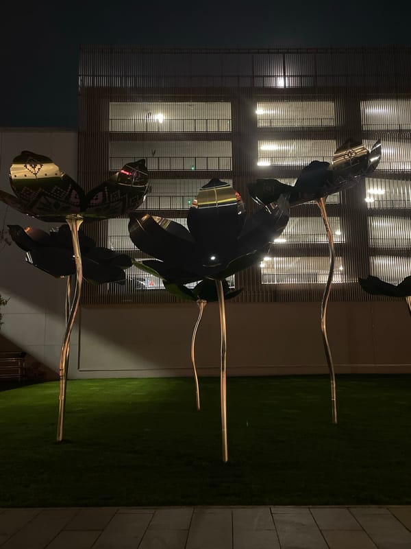 Metal floral sculpture documented at night in Belgrade