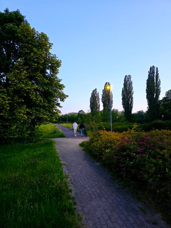 Warsaw at dusk, parks to skyline, midsummer evening
