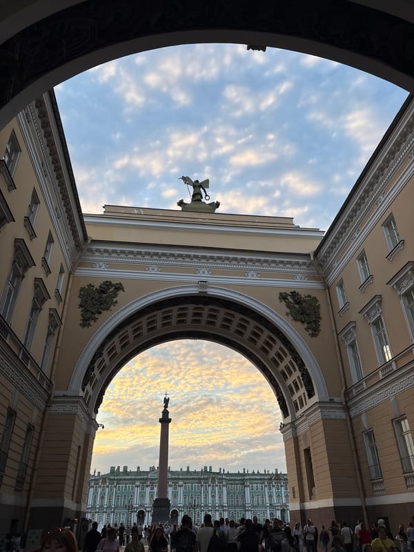 Palace Square at golden hour, landmarks and street life