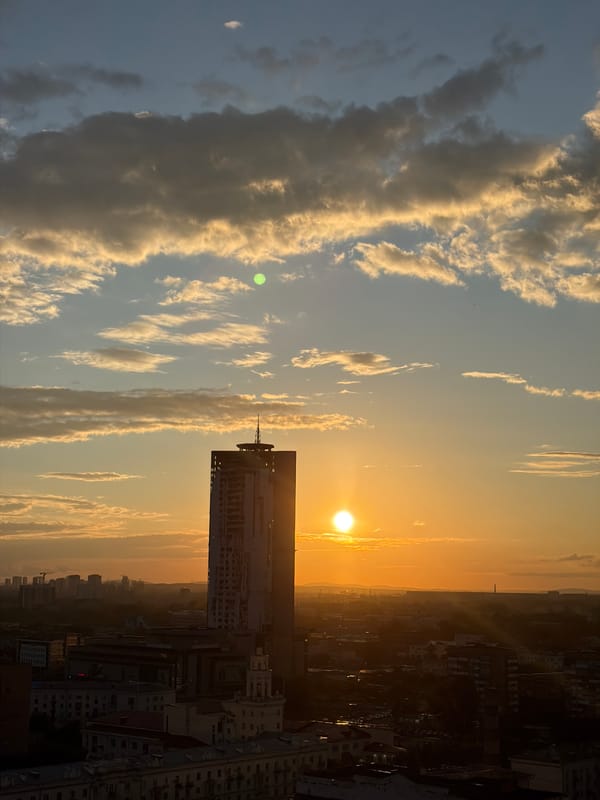 Yekaterinburg skyline at sunset from a rooftop vantage point