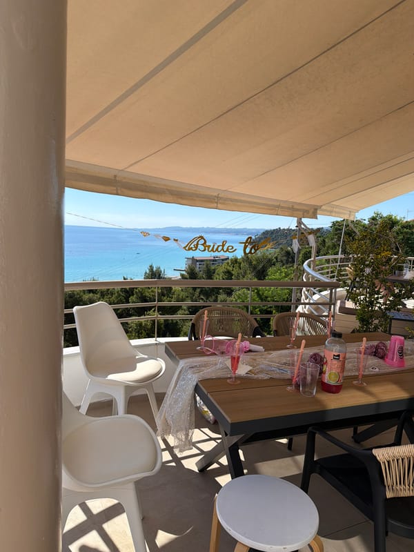 Bachelorette morning on a sun-soaked Aegean balcony, Kassandra