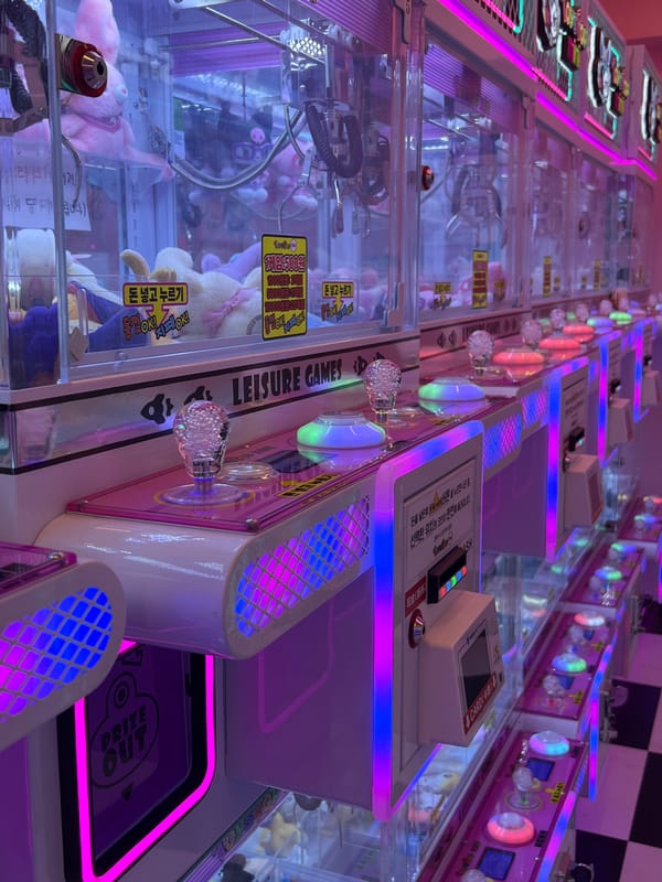 Seoul street scenes: arcades, neon lights, restaurants documented