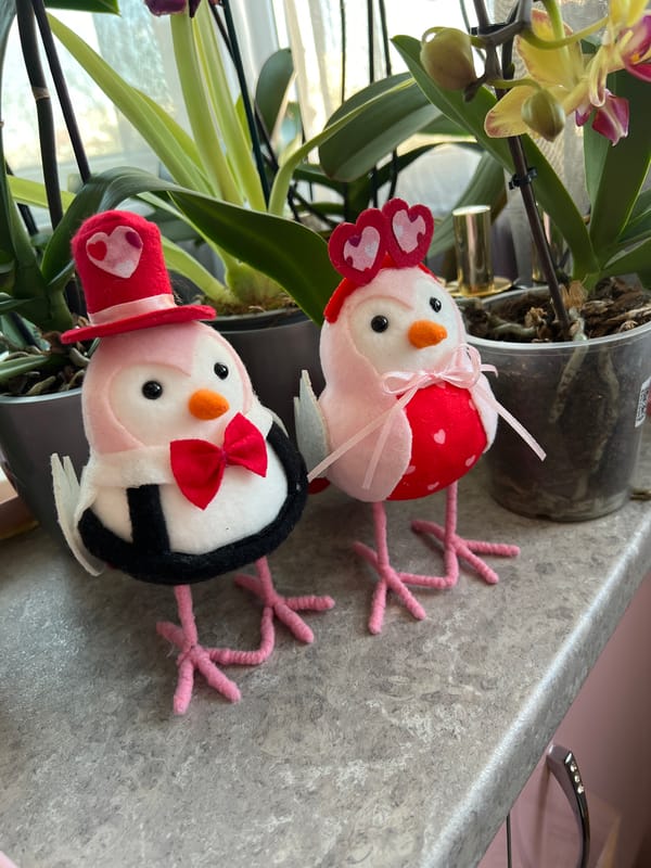 Decorative stuffed birds displayed with orchid in Ruse home