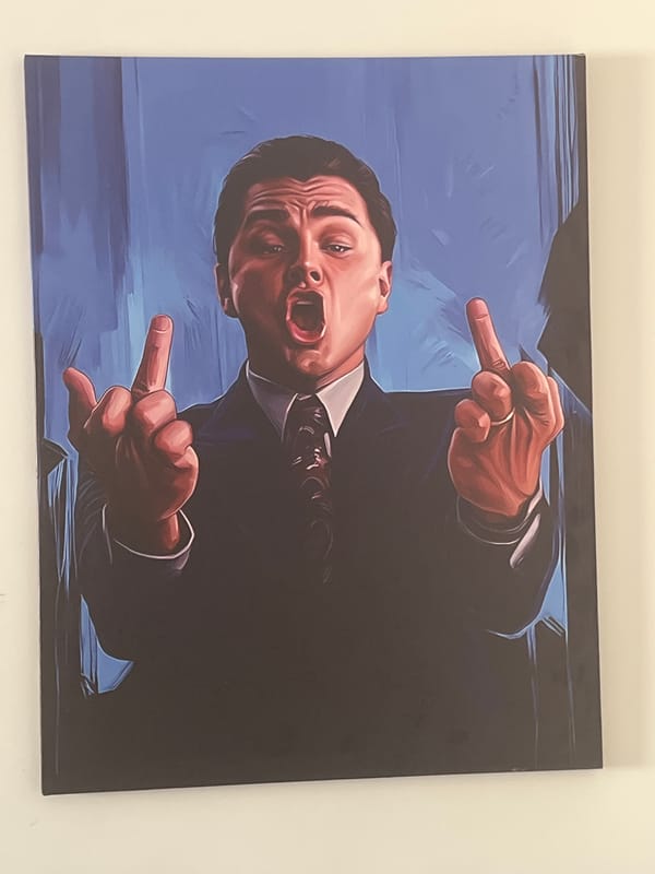 Canvas painting shows suited man making obscene gesture in Astana