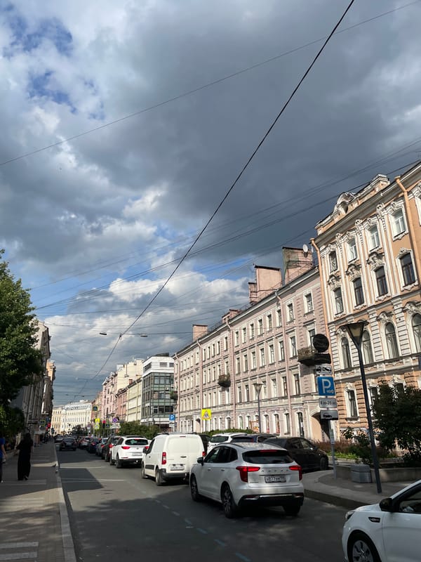 Street-level details around central Saint Petersburg on a gray afternoon