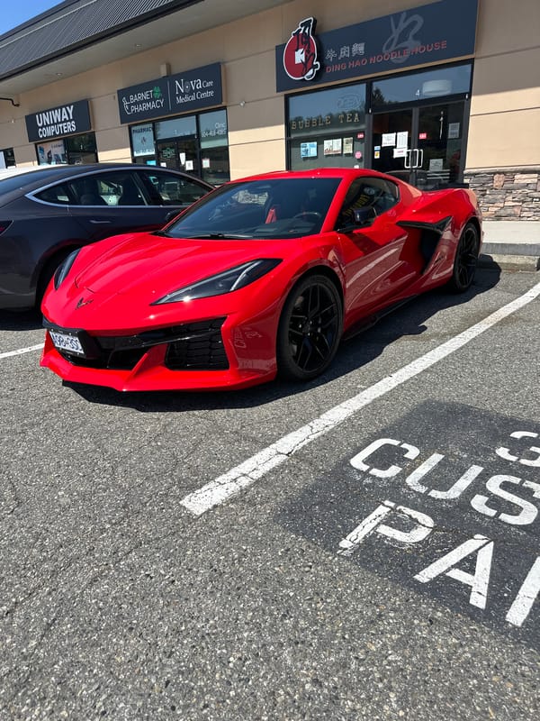 Red Corvette spotted in Coquitlam commercial parking area